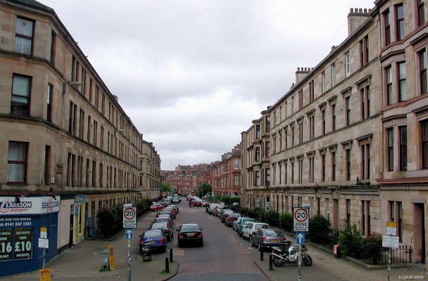 Tenemants at White Street, off Byres Road
If you turned the clock back 100 years little would change in this view other than the parked cars.  This street is typical of 3 and 4 story sandstone tenemant blocks in Glasgow.  During the 1980's large grants were given to enable this type of housing to be re-roofed and 100 years of grime cleaned from the sandstone, bringing back the red and yellow colours of their former glory.
